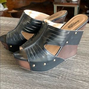 Biker inspo black pleather studded wedge heels
